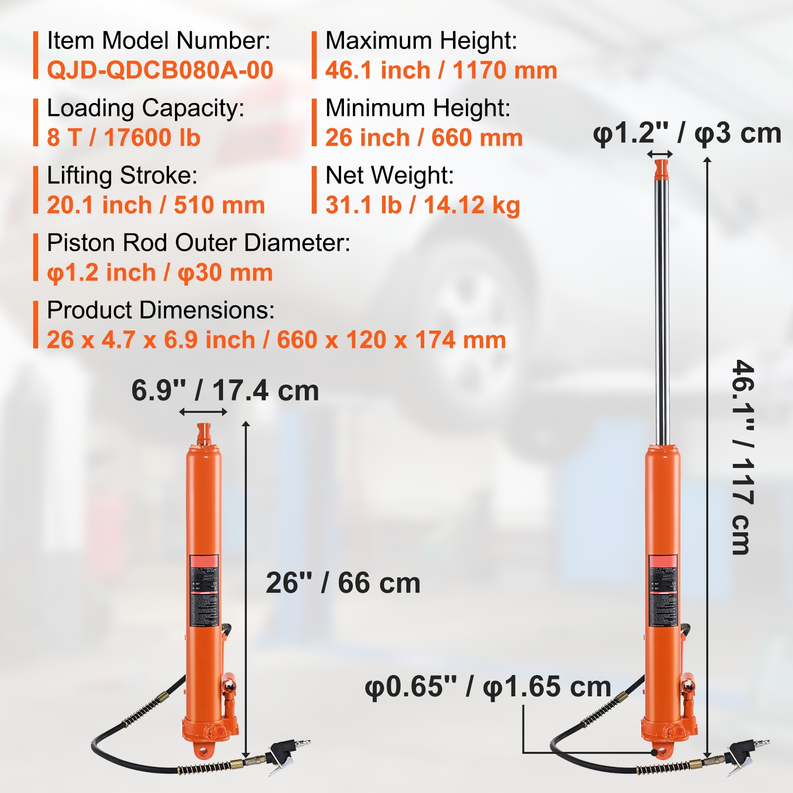 Hydraulic Long Ram Jack 8Ton Clevis Base Engine Hoist Cylinder Single Pump_voghion.com